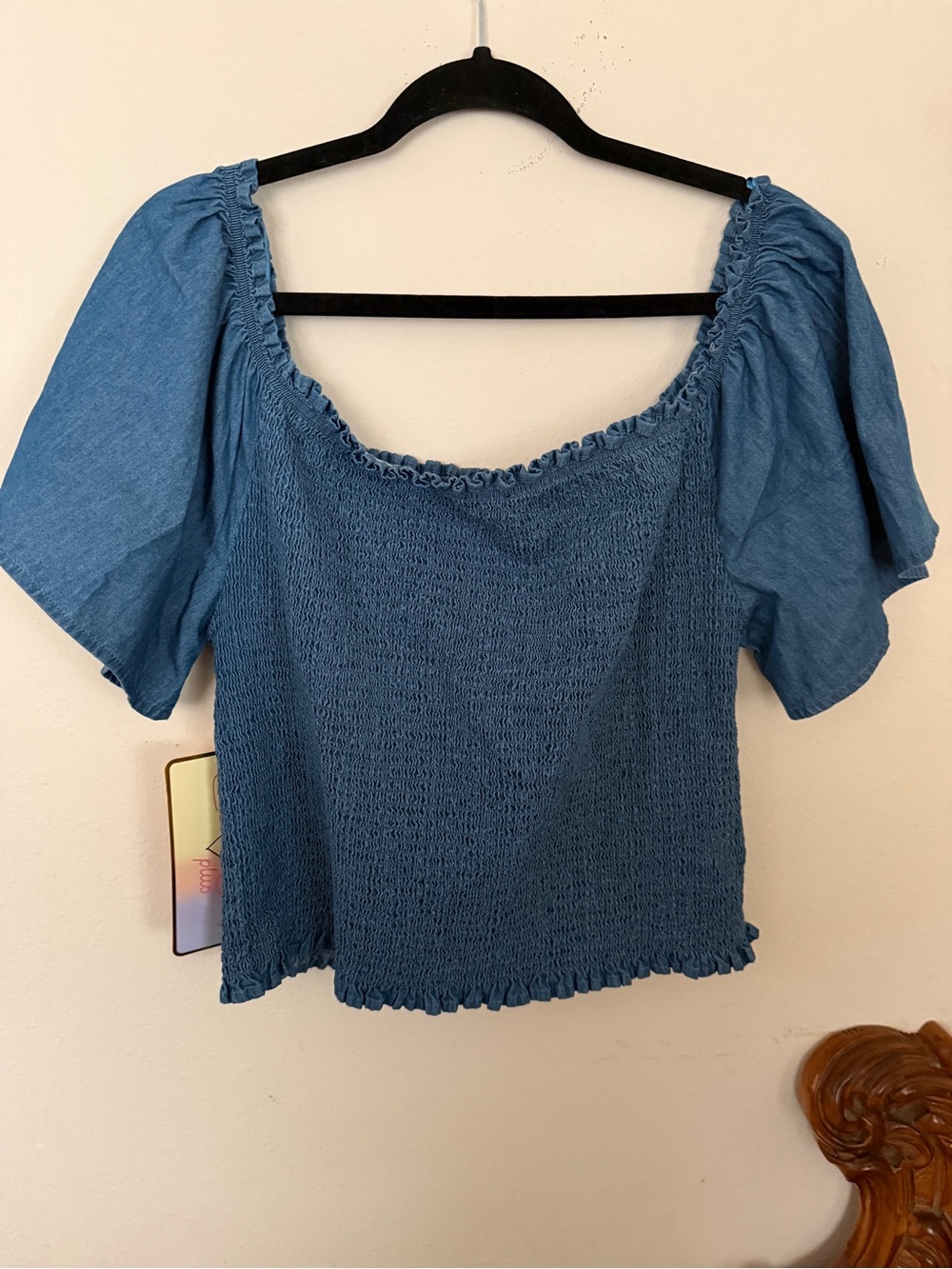 Boho Coquette Blue Flutter Sleeve Smocked Denim Crop Top NWT 3XL